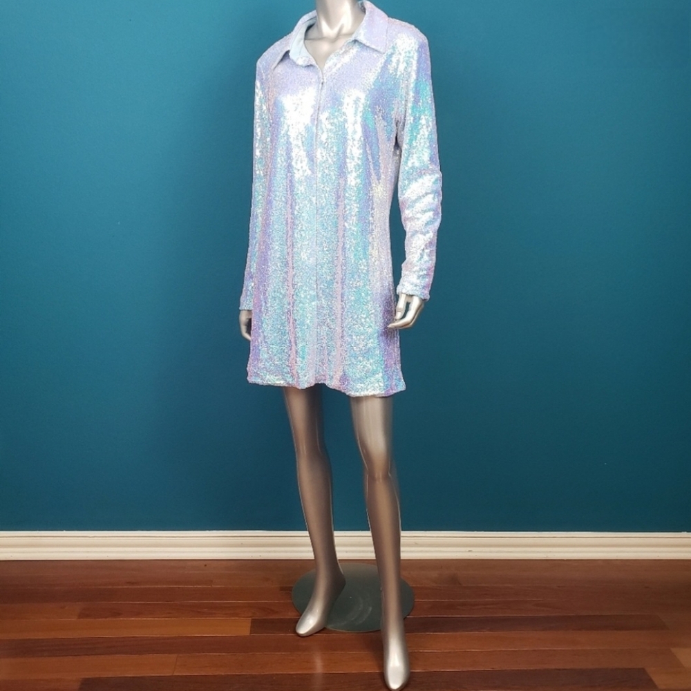 MISSGUIDED Iridescent Ice Blue Mini Dress / (NWT) - Picture 4 of 4
